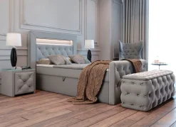 Boxspringbett mit LED-Beleuchtung, Topper und Nachttisch