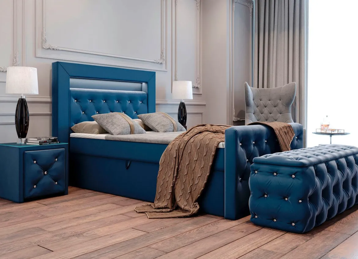 Boxspringbett mit LED-Beleuchtung, Topper und Nachttisch