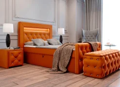 Boxspringbett mit LED-Beleuchtung, Topper und Nachttisch