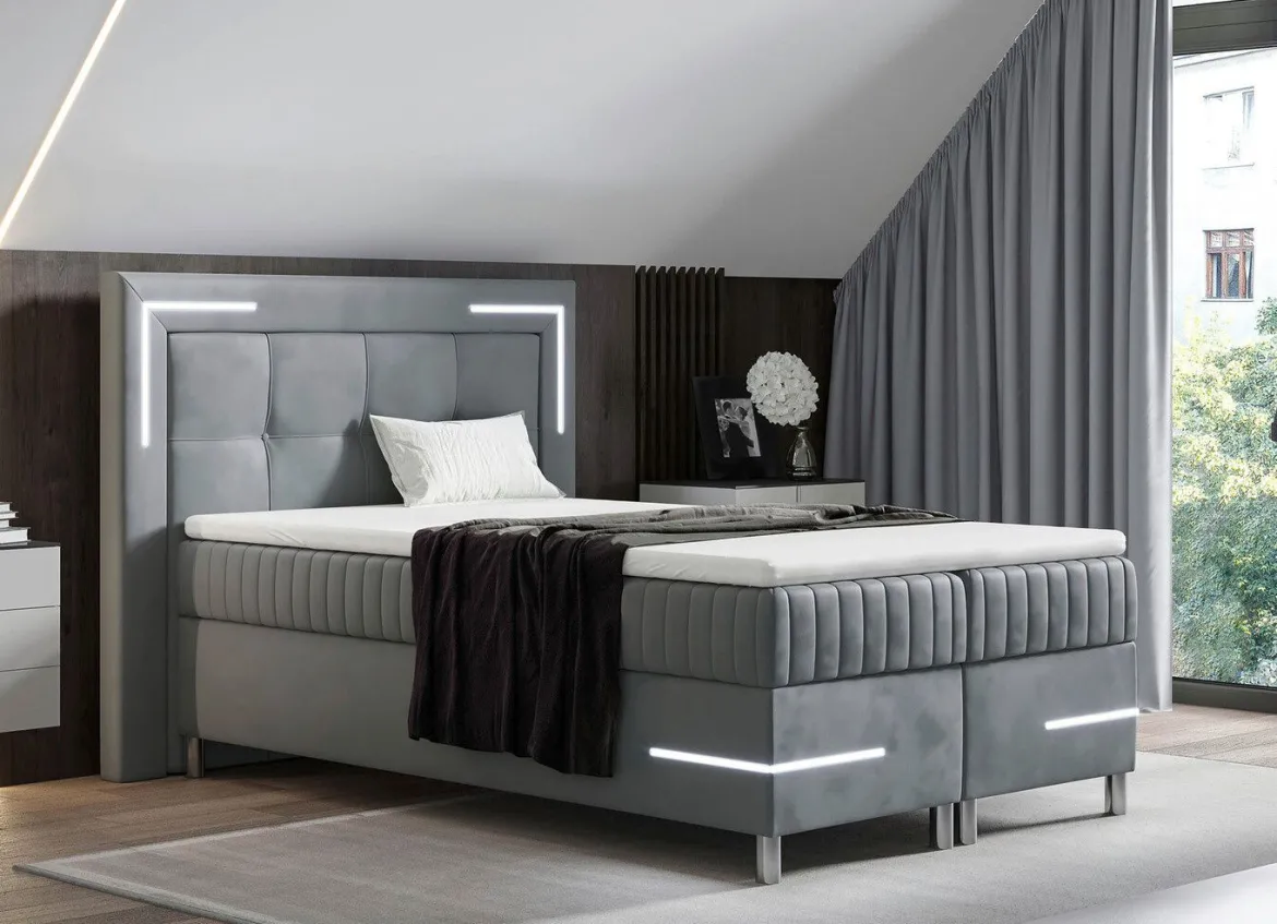 Boxspringbett mit LED-Beleuchtung und Topper