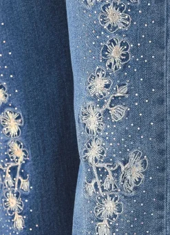 Edel-Jeans mit Stickerei-Applikationen und Glitzersteinchen
