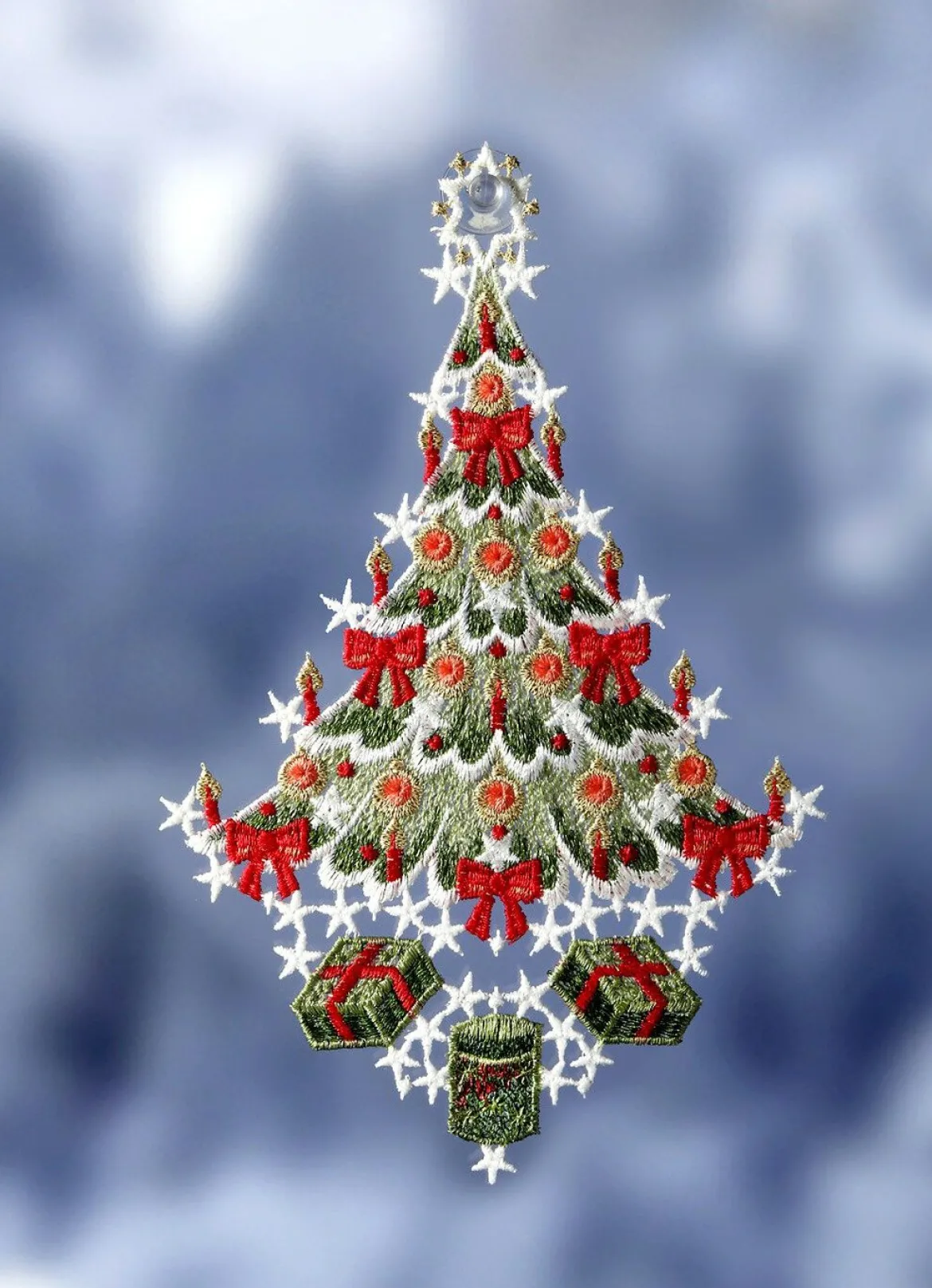 Fensterbild Weihnachtsbaum aus echter Plauener Spitze