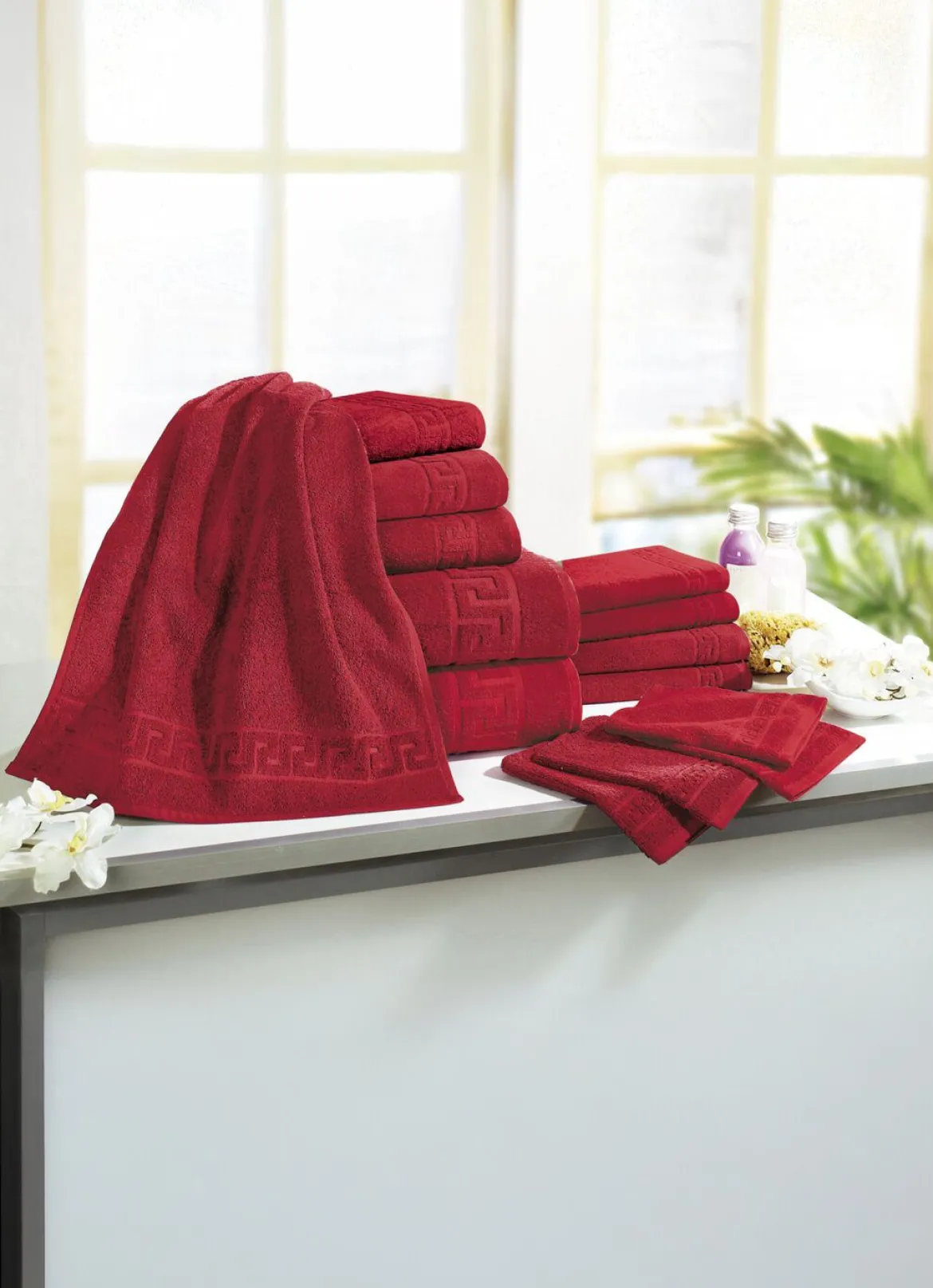 Frottierserie mit Mäander-Jacquard-Struktur