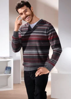Gestreifter V-Pullover in 2 Farben