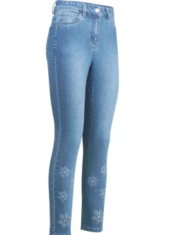 Jeans mit floralen Lochstickereien und Strasssteinchen