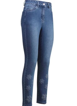 Jeans mit floralen Lochstickereien und Strasssteinchen