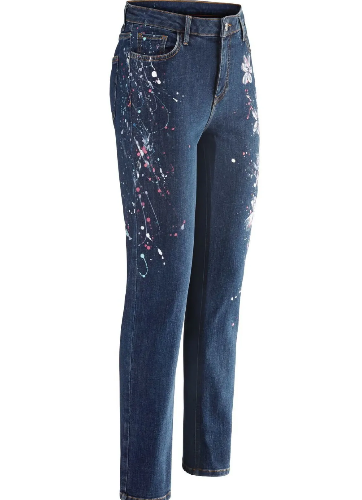 Jeans mit handbemalten, floralen Motiven