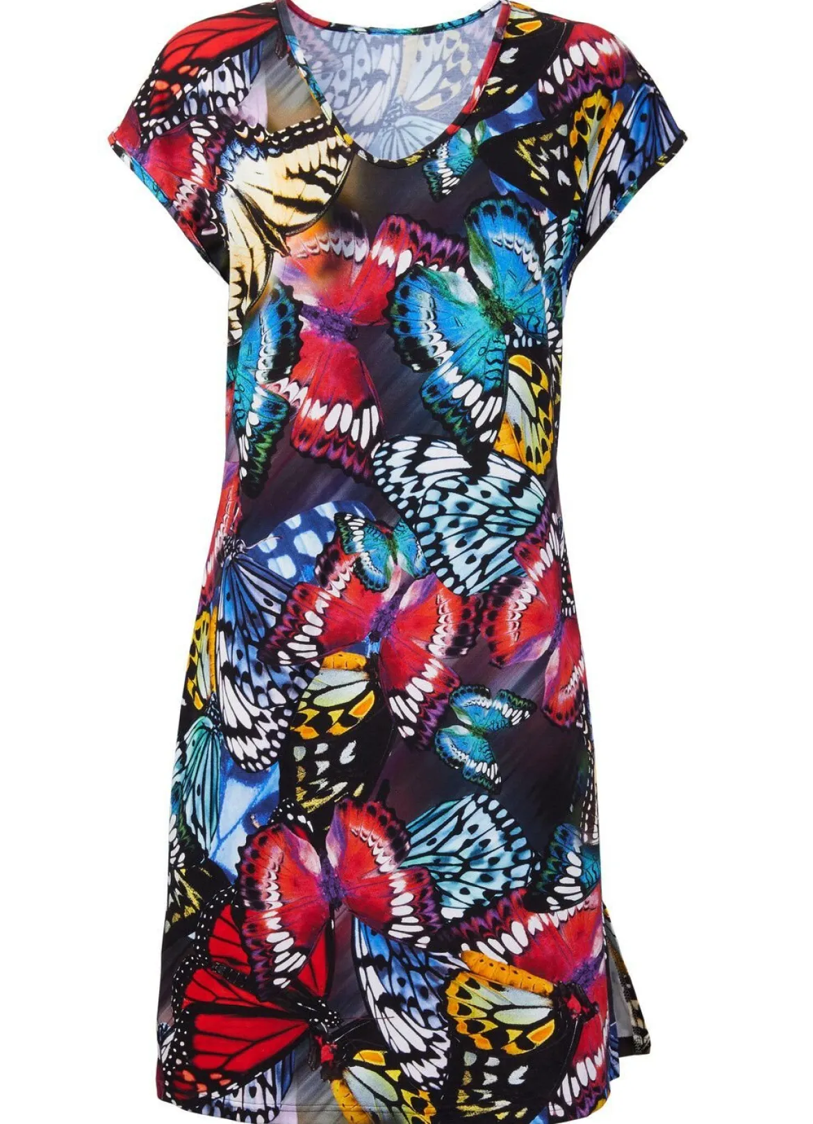 Kleid mit farbbrillantem Druckdessin und überschnittenen Ärmeln