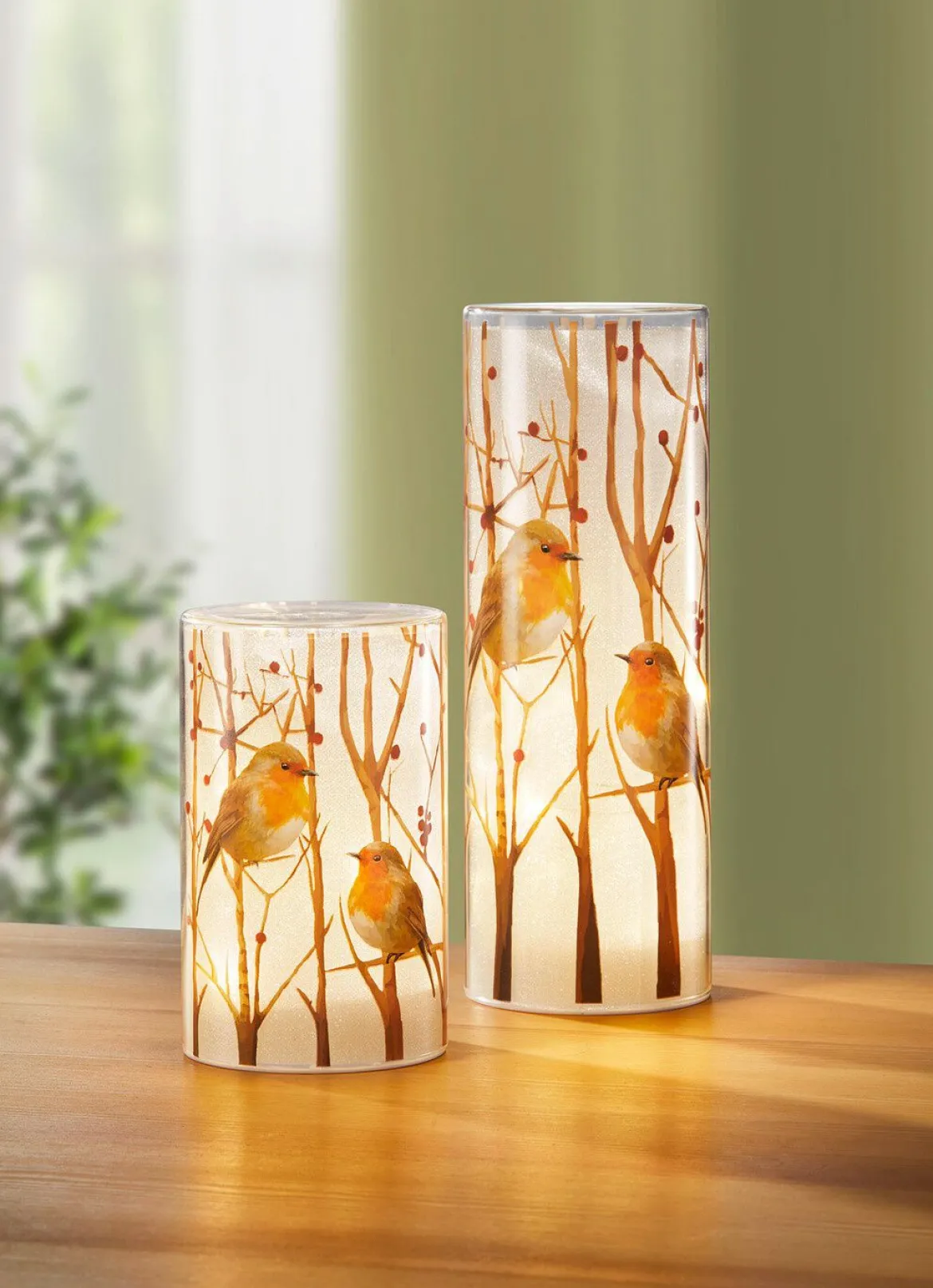 LED-Windlicht mit Rotkehlchen-Motiv, 2er-Set