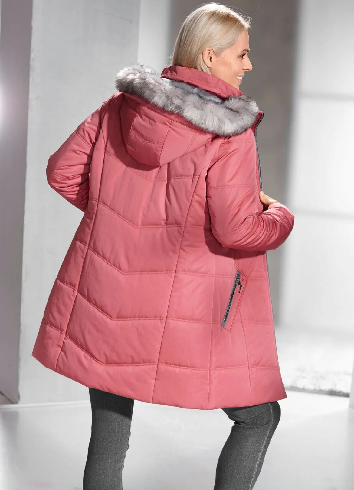 Longjacke mit abnehmbarem Kunstpelz-Besatz