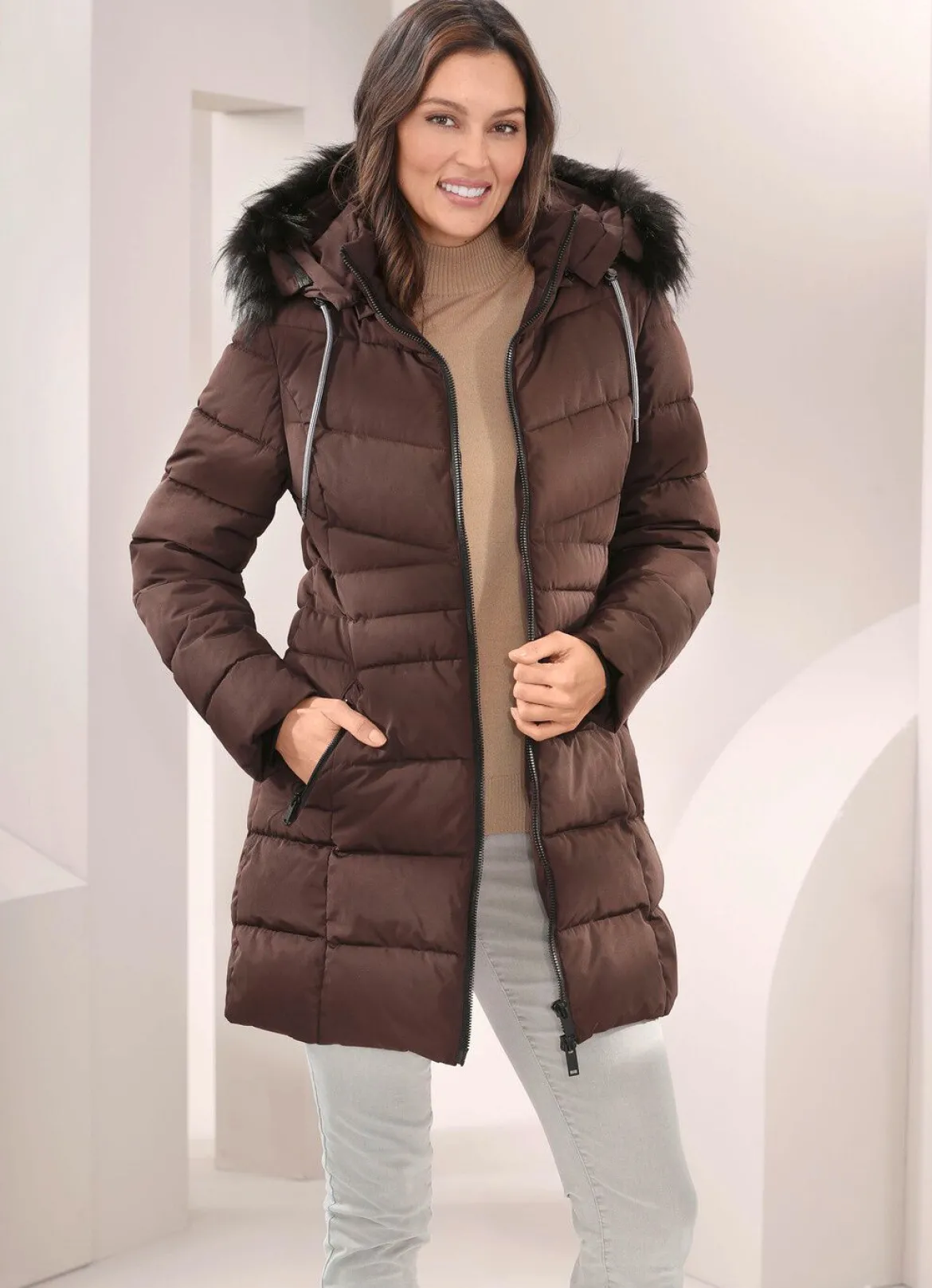 Longjacke mit abnehmbarem Kunstpelz-Besatz