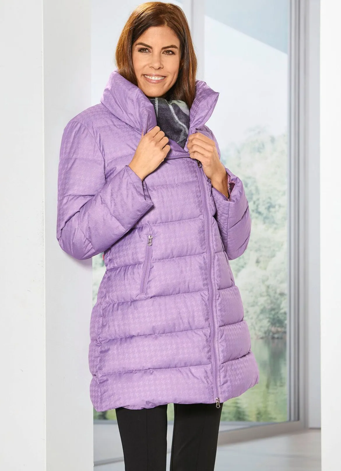 Longjacke mit dezent glänzendem Hahnentritt-Dessin