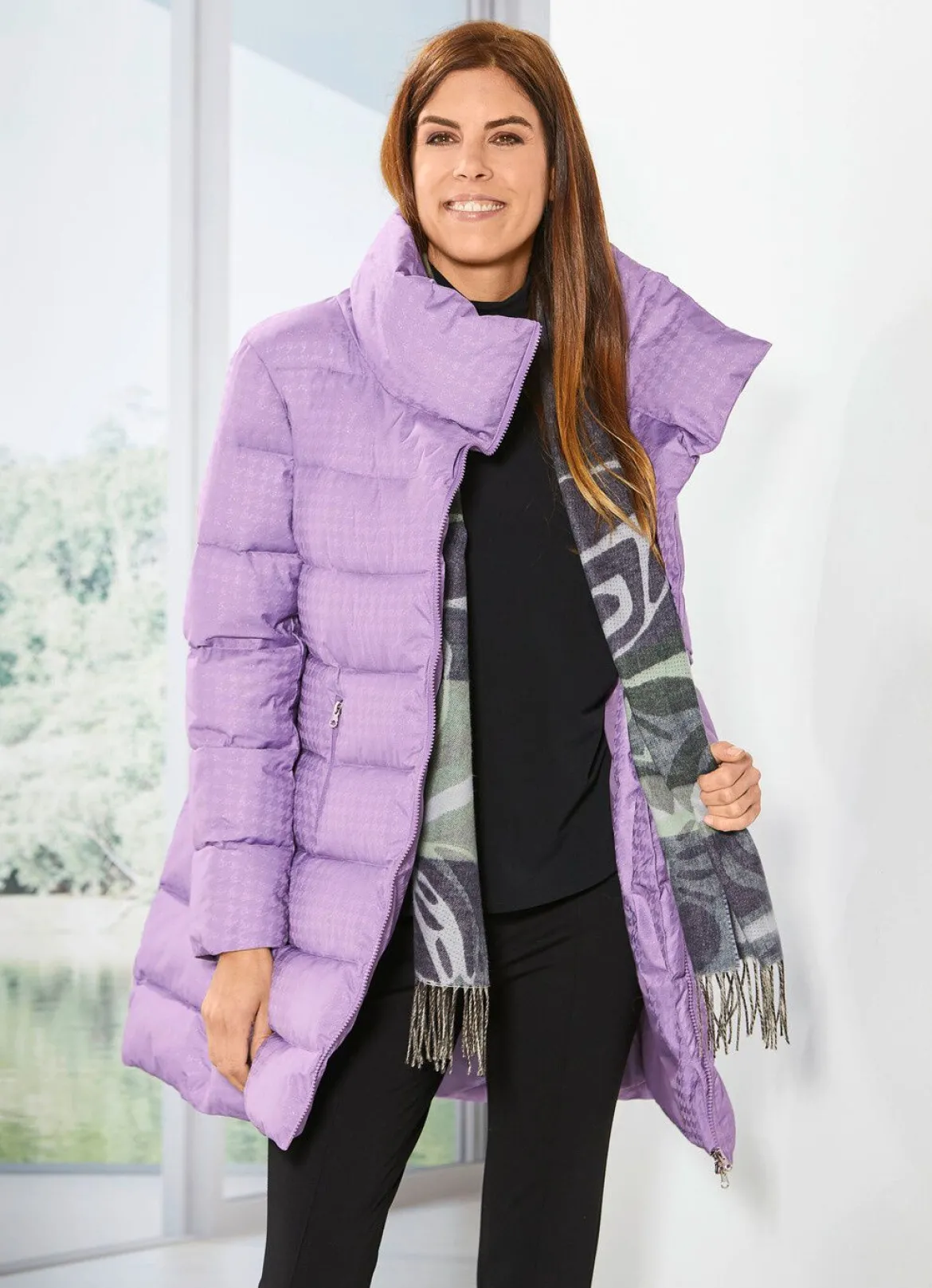 Longjacke mit dezent glänzendem Hahnentritt-Dessin