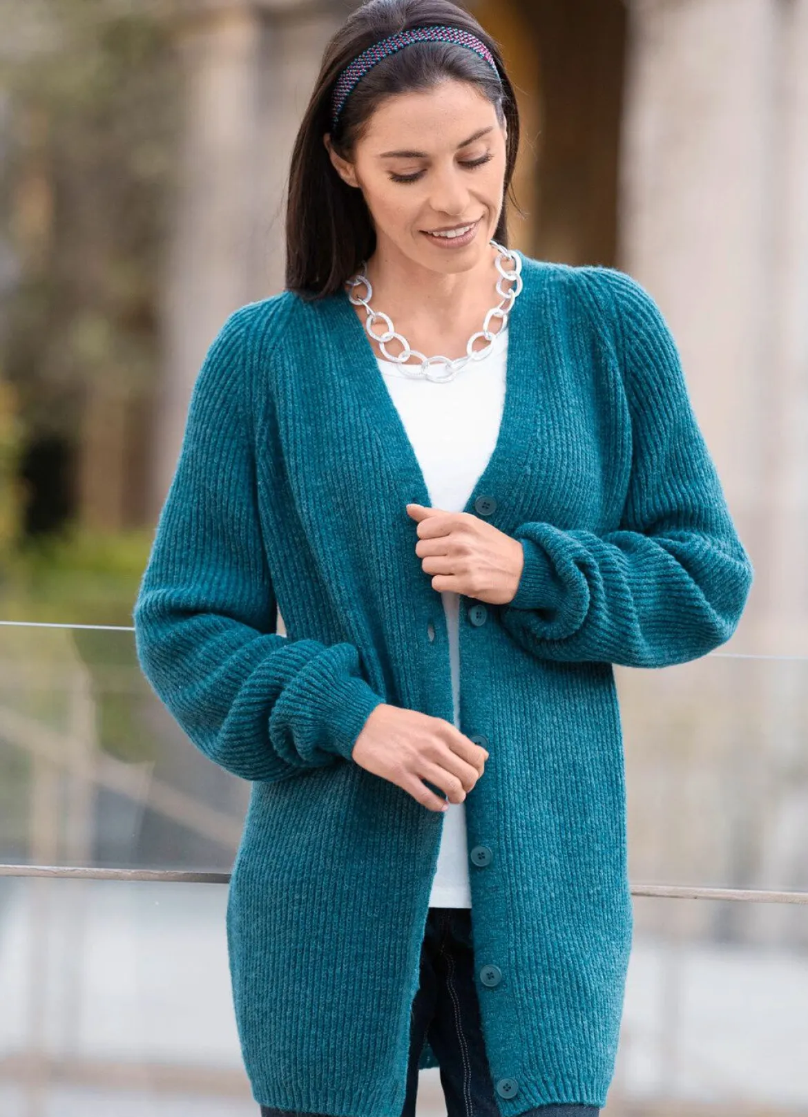 Long-Strickjacke in Perlfang