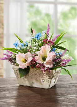 Lysianthus-Arrangement in Keramikschale