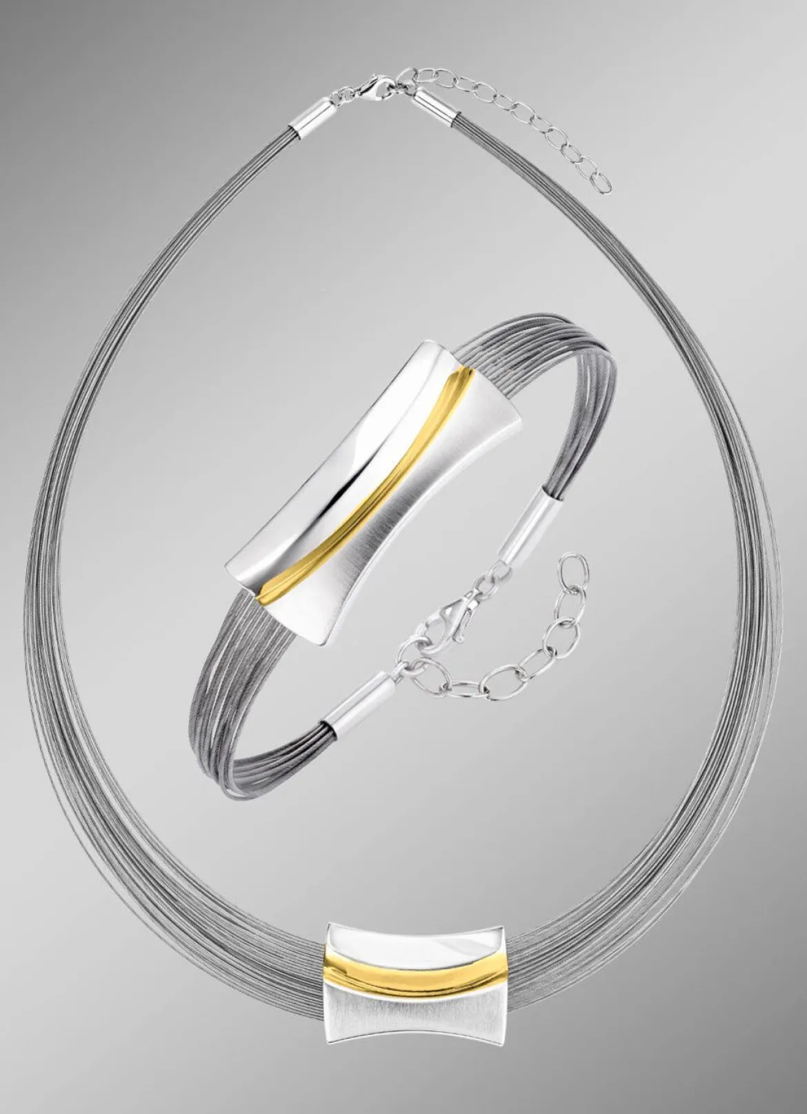 Moderne Garnitur in Bicolor aus Silber 925/- fein und Stahl