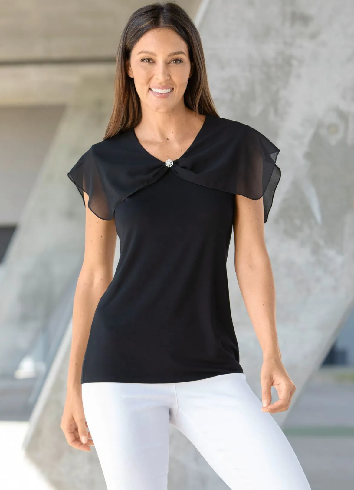 Shirt mit gekänteltem Chiffon-Besatz in 2 Farben