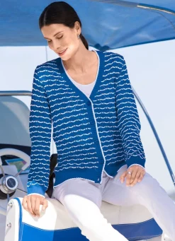 Strickjacke mit feinen Ringeln und Ajourrauten