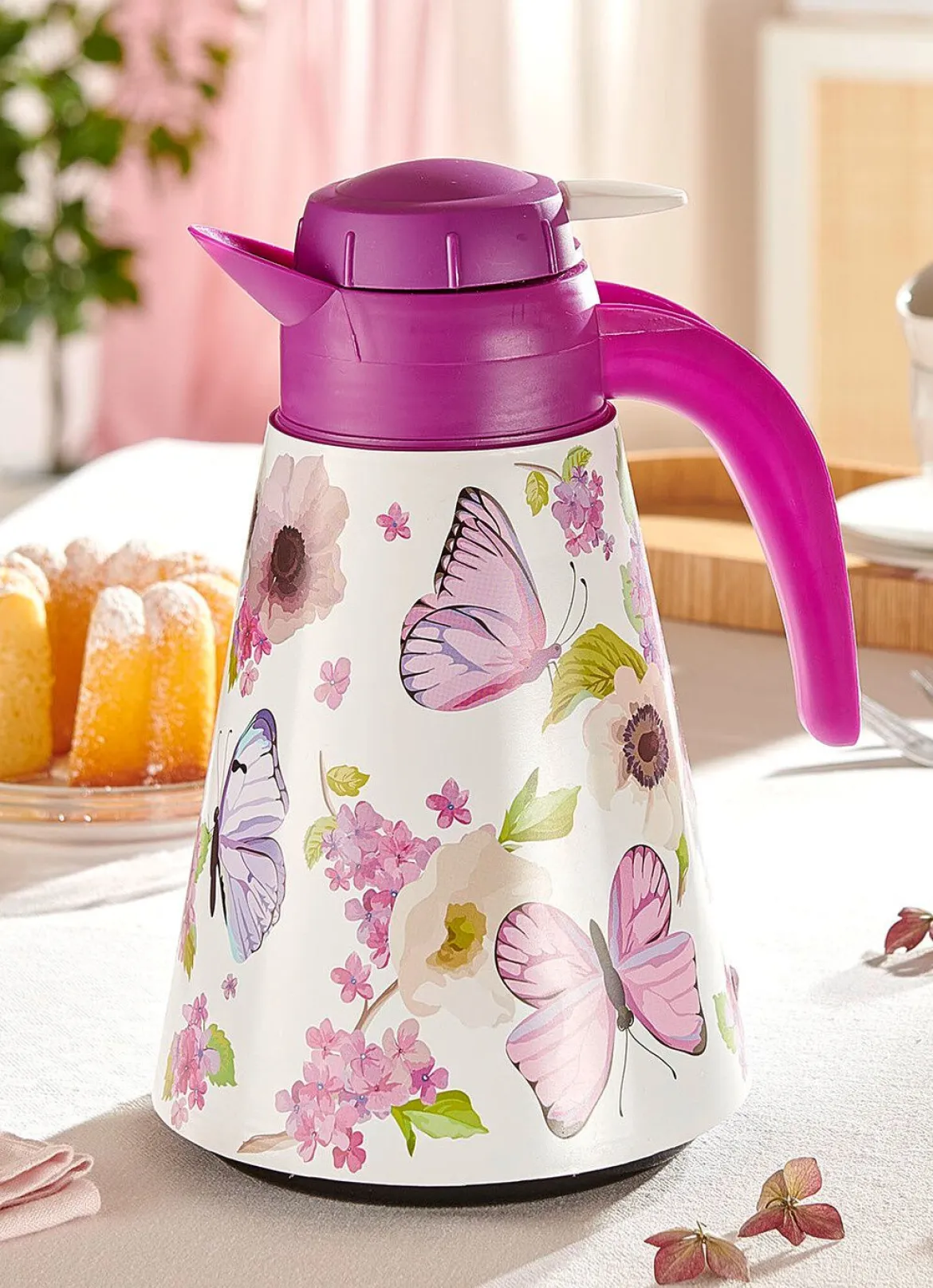 Thermokanne im bunten Blumen-Design