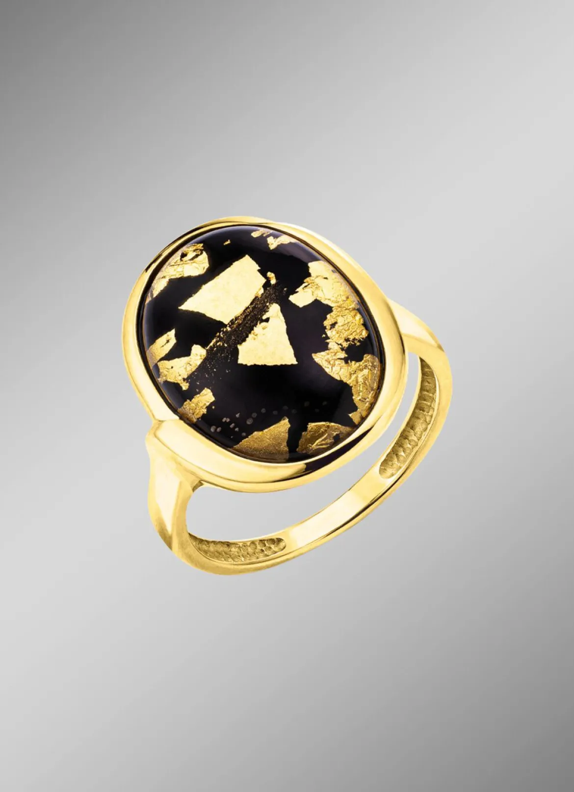 Unikat: Damenring mit Onyx, beh. und Bergkristall mit Blattgold-Triplette