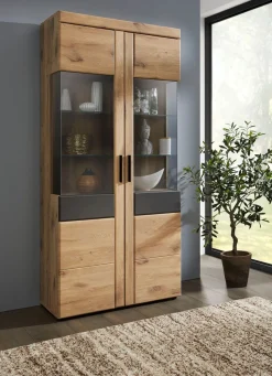 Vitrine mit anthrazitfarbenen Elementen