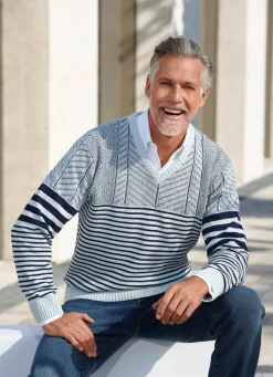 V-Pullover mit Streifen- und Strukturdessin
